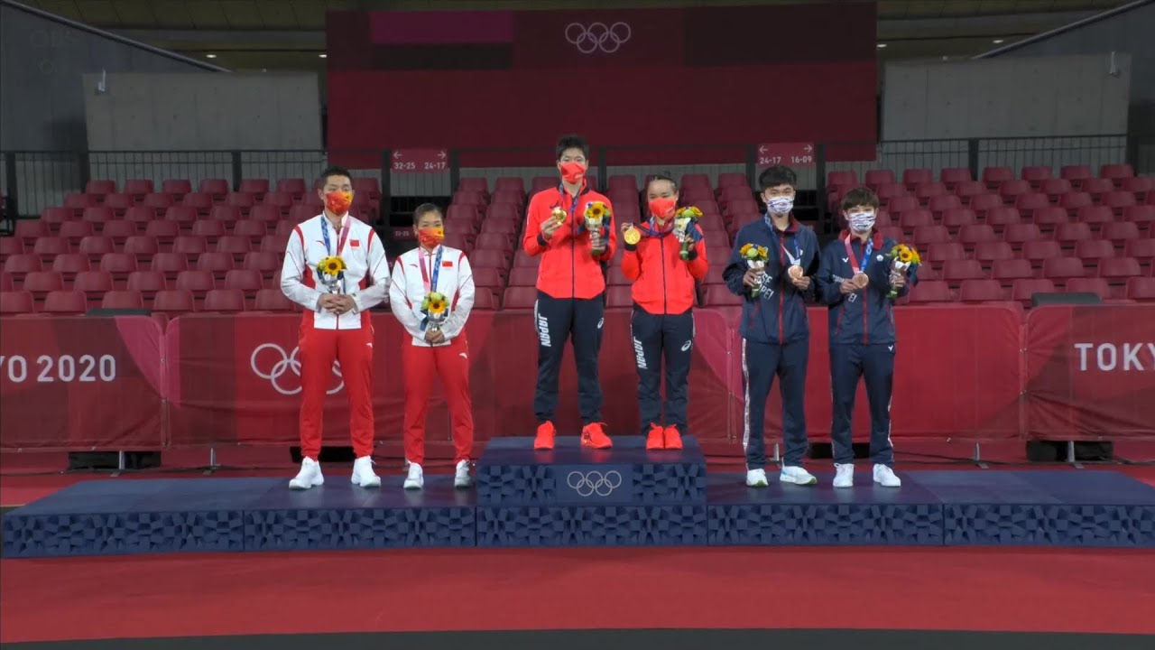 TOKYO2020 オリンピック 卓球　男女混合ダブルス 金メダル表彰 伊藤美誠 水谷隼