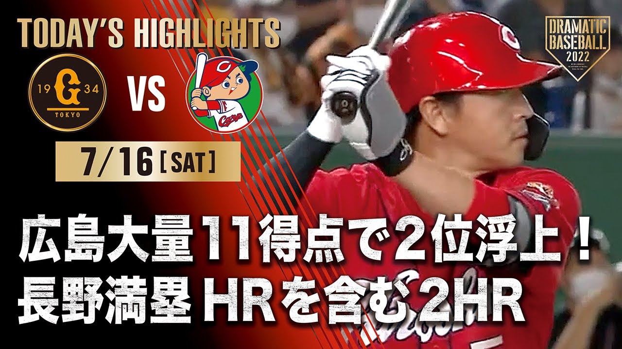 【ハイライト・7/16】広島大量11得点で2位浮上！ 長野満塁HRを含む2HR【巨人×広島】