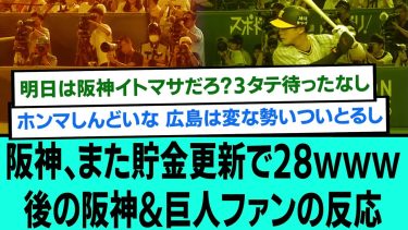 阪神、また貯金更新で28www後の阪神&巨人ファンの反応【阪神タイガース/プロ野球/なんJ反応まとめ・ 2chスレ・5chスレまとめ/近本光司/木浪聖也/森下翔太/佐藤輝明/2023年8月26日】